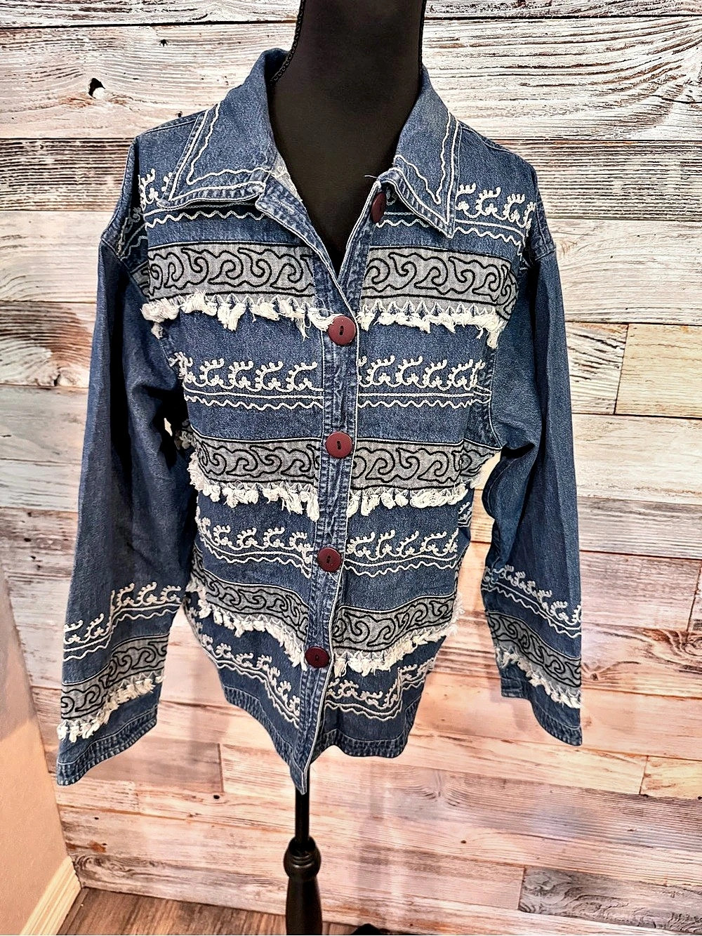 NWT New Direction Embroidered Denim Fringe Jacket in Blue & White Large NWT